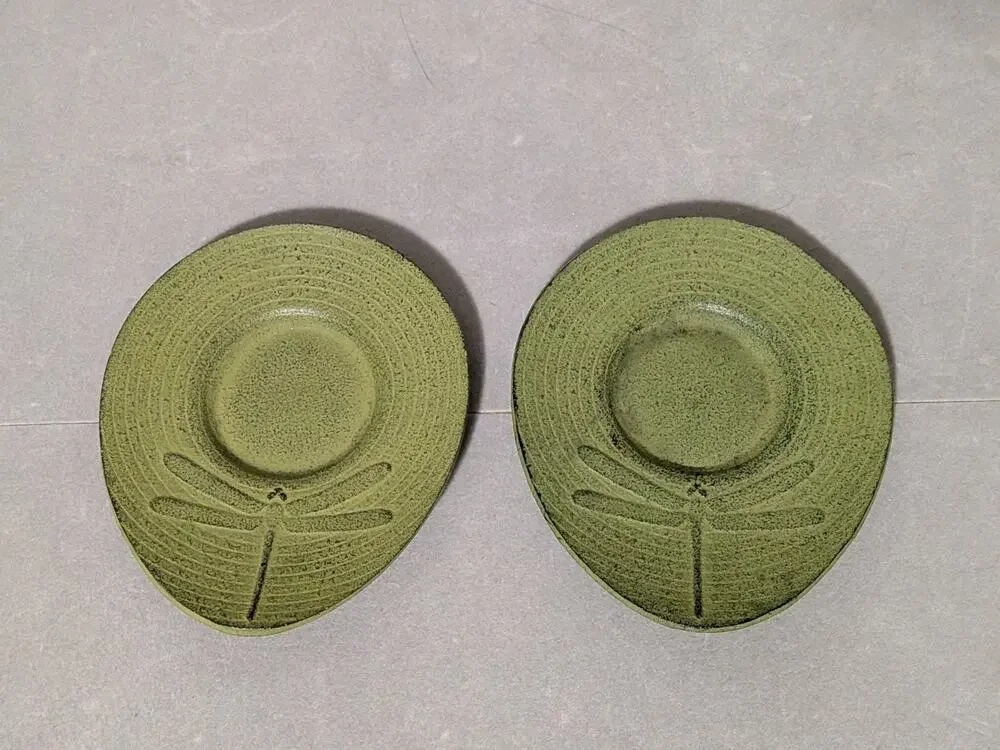 Set of 2 Teavana Green Dragonfly Cast Iron Teacup Coasters Saucers Japanese